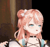 a girl with pink hair and blue eyes is wearing a choker and earrings .