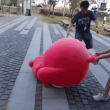 a man wearing a t-shirt that says ' nc state ' on it stands next to a large pink balloon
