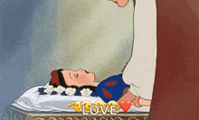 a cartoon of snow white laying on a bed with flowers in her hair and a heart .