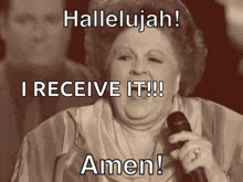 a woman singing into a microphone with the words hallelujah i receive it amen below her