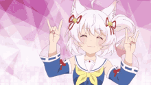 a girl with white hair and red bows in her hair is giving the peace sign