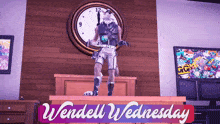 a video game character is standing on a table with the words wednesday on it