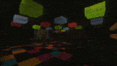 a room with a checkered floor and a bunch of glowing cubes