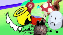 a group of cartoon characters including a cupcake a squirrel and a ball