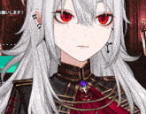 a girl with white hair and red eyes is wearing a black jacket