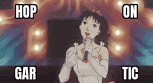 a cartoon girl is singing into a microphone on a stage and giving the middle finger .