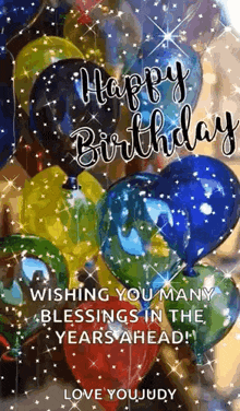 a bunch of colorful balloons with the words `` happy birthday wishing you many blessings in the years ahead ! ''