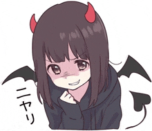 a girl with devil horns and wings is making a face .