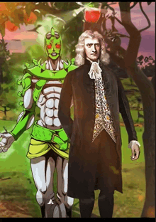 a painting of a man in a suit standing next to a green cartoon character