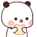 a panda bear is holding a piece of bread in its hands .