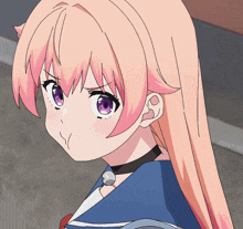 a girl with pink hair and purple eyes looks angry