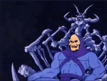 skeletor from the masters of the universe is standing next to a statue of a skeleton .