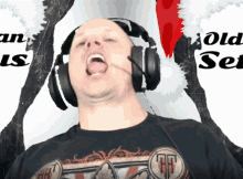 a man wearing headphones is making a funny face in front of a sign that says " old set "