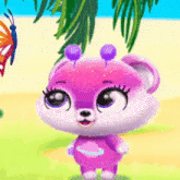 a pink teddy bear with purple antennas is standing in front of a butterfly .