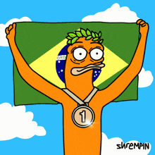 a cartoon character holding a flag with a medal around his neck that says 1