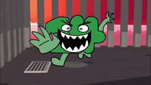 a green cartoon character with a big mouth and sharp teeth is waving .