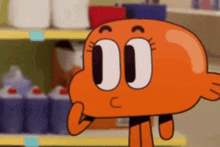 darwin from the amazing world of gumball is standing in front of a shelf