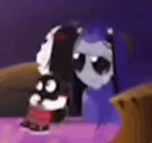 a cartoon character is sitting on a bed with a stuffed animal .