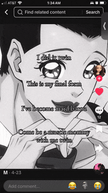 an at & t phone screen shows a cartoon of a girl with the words " i did it twin " at the top