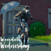 a video game character holding an umbrella with the words vendett wednesday written below him