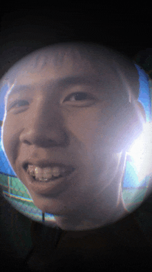 a close up of a man 's face with a light shining on his face