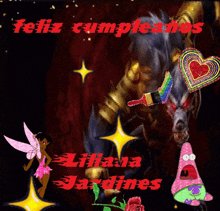 a birthday card for liliana jardines with a fairy and a spongebob character