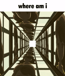 a cartoon of a hallway with the words " where am i " on the bottom