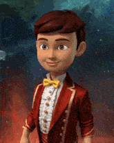 a cartoon character is wearing a red suit and a yellow bow tie