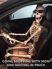 a skeleton wearing sunglasses is sitting in a car