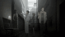 a group of people standing in a dark alleyway with a sign that says ' tokyo ' on it