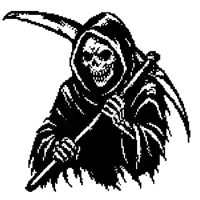 a grim reaper is holding a scythe in a black and white drawing .