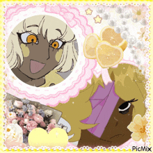 a picture of a girl with flowers and lemons with picmix written on the bottom right