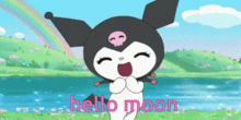 a cartoon character says hello moon in front of a lake .