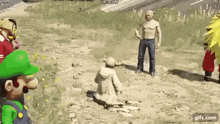 a group of cartoon characters are playing a video game with a man without a shirt on .