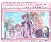 a computer screen shows a picture of a group of anime characters standing on a beach