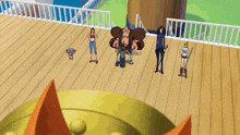 tony tony chopper stands between two women in a cartoon