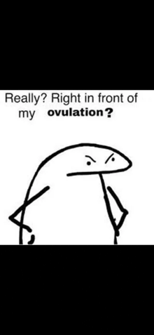 a stick figure is standing in front of a sign that says `` really ? right in front of my ovulation '' .