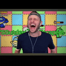 a man is wearing headphones and making a funny face in front of a screen that says " escaped "