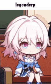 a little girl with pink hair and blue eyes is sitting on a couch with the words legenderp above her .