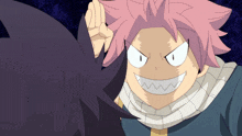 a cartoon character with pink hair and white eyes is making a funny face