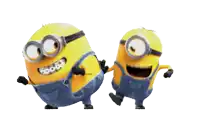 two yellow minions wearing goggles and overalls are dancing on a white background