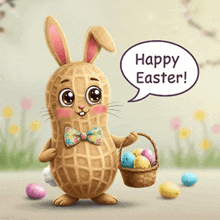 a peanut bunny is holding a basket of easter eggs and says happy easter .