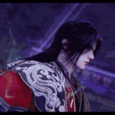 a man with long black hair and a red jacket is standing in a dark room with a purple background .