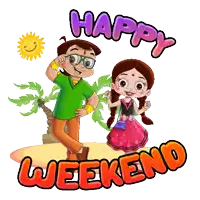 a cartoon of a boy and a girl with the words happy weekend