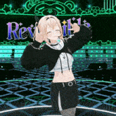 a girl in a black and white outfit is standing in front of a sign that says ' revisited '