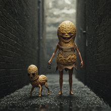 a peanut man walking a small peanut on a leash
