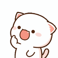 a cartoon cat with a pink nose is covering its mouth with its paw .