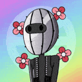 a cartoon drawing of a cactus with flowers in front of its head