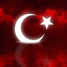 a crescent moon with a white star on a red background