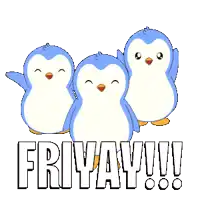a group of penguins are standing next to the word fri yay